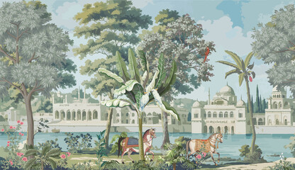 Vintage Mughal garden wallpaper mural with palace architecture, decorated horses, birds and tropical foliage on scenic landscape background © MdSayeed