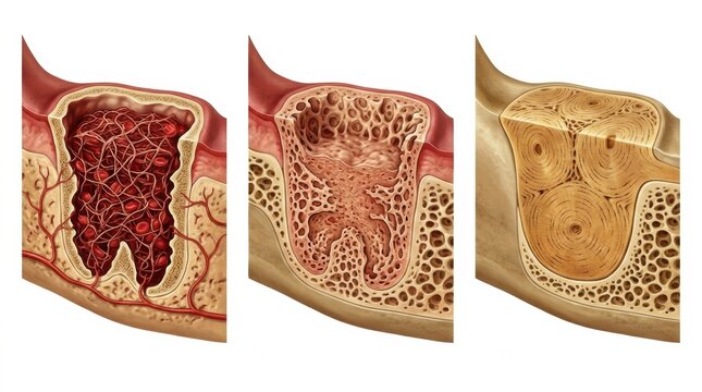 Visual Representation of Different Stages of Bone Tissue Development Showing Changes in Structure and Composition Over Time