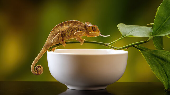 Chameleon Climbing on Green Plant Over White Bowl