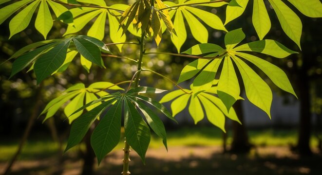 Luminous Cassava Leaves Bathed In Golden Sunlight