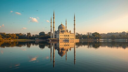 Obraz premium Beautiful white mosque with tall minarets reflected in calm lake water under clear blue sky with birds flying