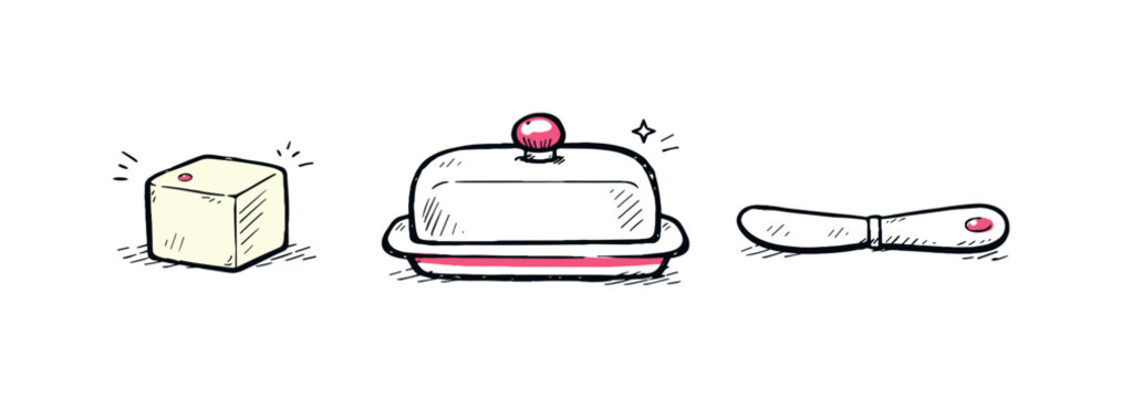 Simple breakfast butter set theme a horizontal row of 3 related hand-drawn objects on a white background: a small butter cube with a tiny red dot detail, a simple