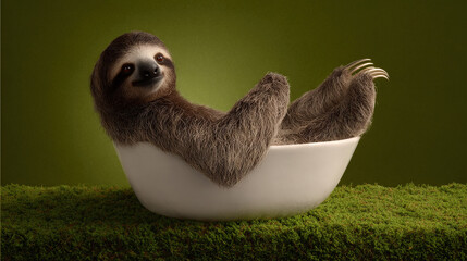 Fototapeta premium Sloth Relaxing in a Ceramic Bowl on Mossy Background