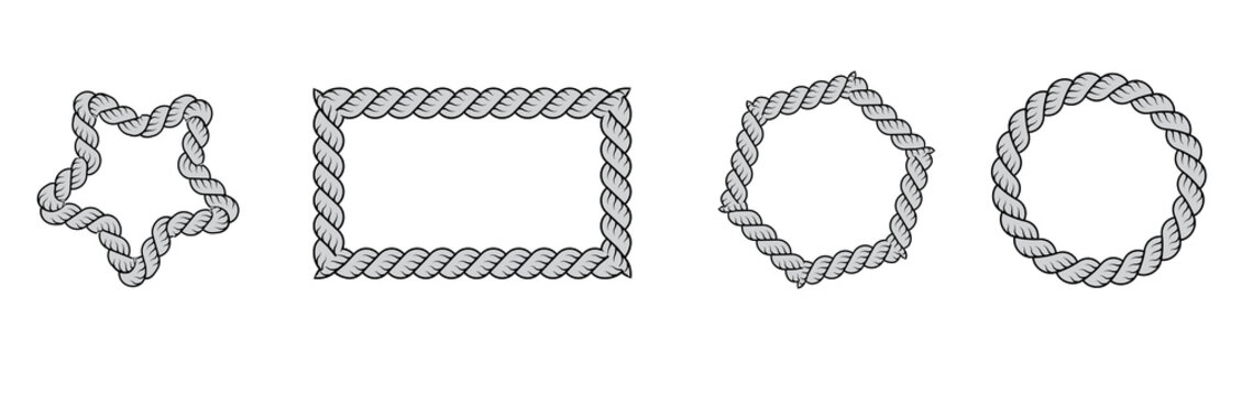Vector rope frames. Borders of different geometric shapes are round, oval and square. Collection of isolated elements on a transparent background.