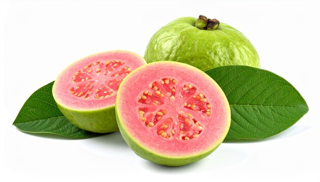 A guava fruit cut in half revealing the pink flesh and seeds, isolated on a white background.