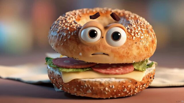 Funny bagel character reacts to silly situations in a vibrant kitchen setting during the day