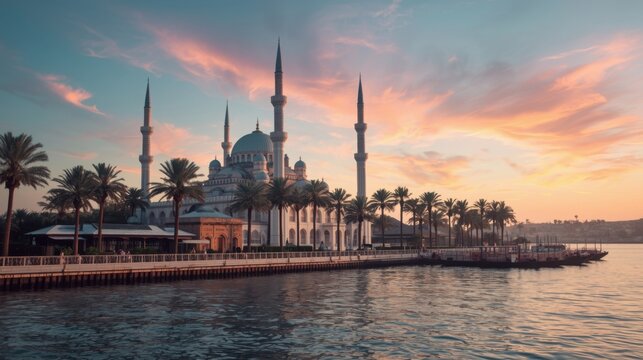 Beautiful mosque with minarets and palm trees by the water at sunset