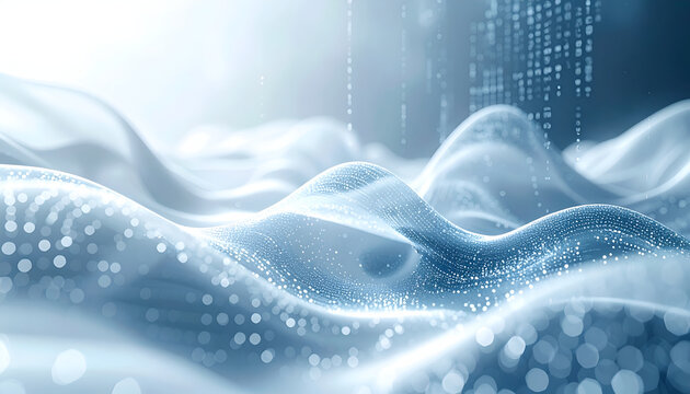 Abstract digital wave of glowing particles and data flow on white background, future technology concept.