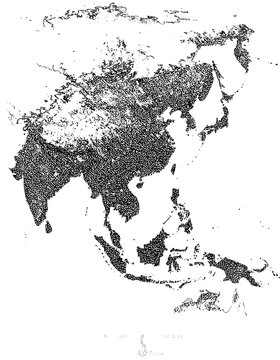 Detailed illustration depicting a continental landmass, likely Asia. The grayscale map-like design features landmass outlines