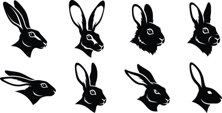 Wild Hare Head Silhouette Vector Set