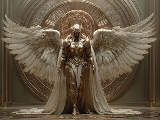 Obraz premium A majestic, powerful female angel warrior stands in full, ornate golden armor, with massive white feathered wings and a glowing halo, radiating divine strength and protection.