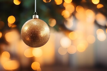 Fototapeta premium Golden glittery bauble decoration hanging from a christmas tree branch with bokeh lights