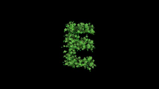 Green leaves forming letter E on transparent background

Fresh green foliage particles dynamically forming letter E shape with alpha channel for compositing

