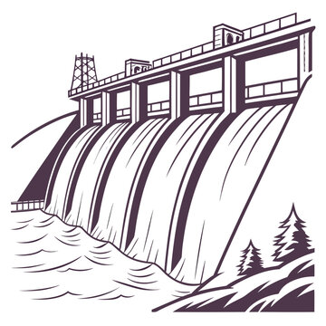 Illustration of a large dam with water flowing over it and trees on the side