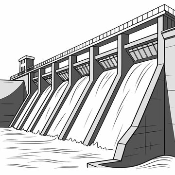 A large dam with multiple water gates releasing water