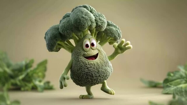 Broccoli character waves and interacts with viewers in a funny and playful way in a simple setting on a beige background