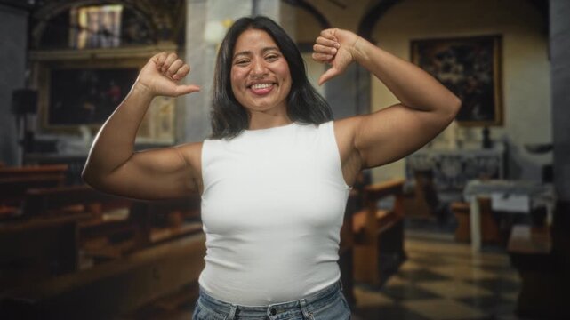 Woman flexing biceps and thumbs pointing to chest in a church nave, smiling with closed eyes; confidence empowerment.
