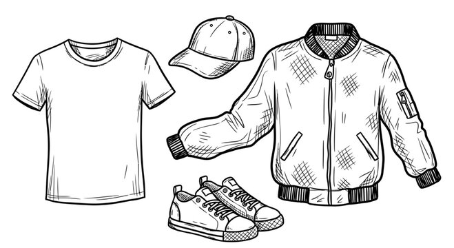 Fashion illustration of clothing items including a jacket, t-shirt, sneakers, and cap on white background