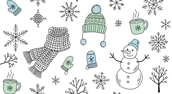 Winter scene with snowman wearing hat surrounded by snowflakes, mug, scarf, and mittens in frosty environment.