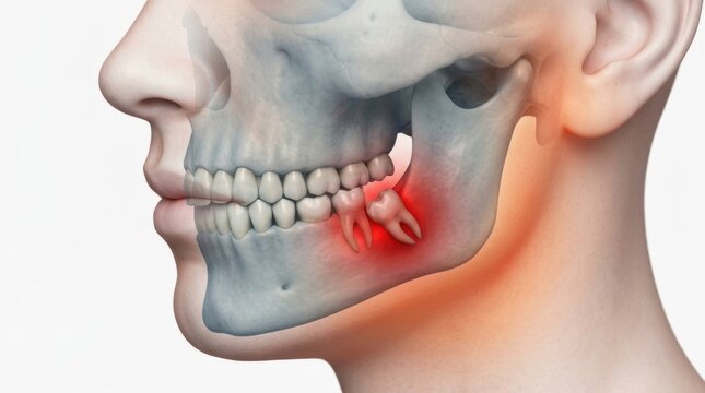 Detailed View of the Human Jaw Showing Impacted Wisdom Teeth With Surrounding Areas Highlighted in Red