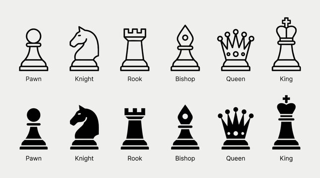 A set of chess piece vector icons, including pawn, knight, rook, bishop, queen, and king.