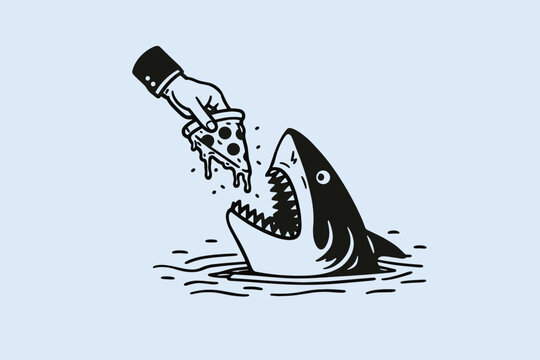 Hand drawn shark pizza vector illustration with funny ocean predator eating slice in bold black doodle style
