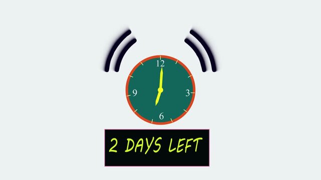 Animated  alarm clock ringing showing  With  Text Animated countdown timer with 2 days left on white background . 4 k animation video 