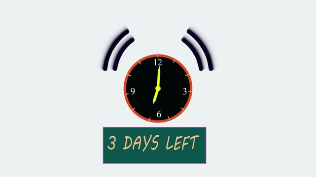 Animated  alarm clock ringing showing  With  Text Animated countdown timer with 3 days left on white background . 4 k animation video 