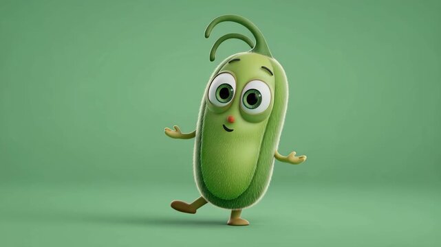 Green character dances and smiles in a simple studio setting with a plain green background and expressive movements