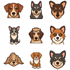 Fototapeta premium Cute Cartoon Dog Portraits and Sitting Puppies Vector Icon Set