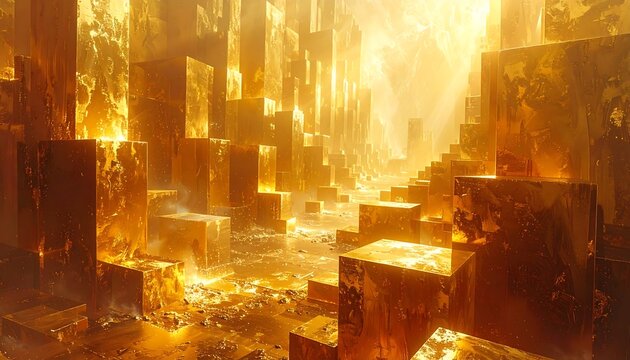 A golden city, bathed in divine light. Cube-shaped structures form pathways and buildings under bright, ethereal illumination