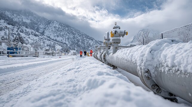 Workers in winter clothing inspecting a large pipeline covered in snow, surrounded by snow capped mountains under a cloudy sky