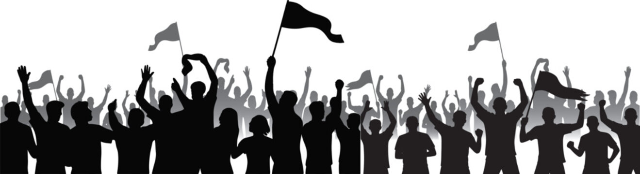 An excited crowd of sports fans cheers with flags silhouette