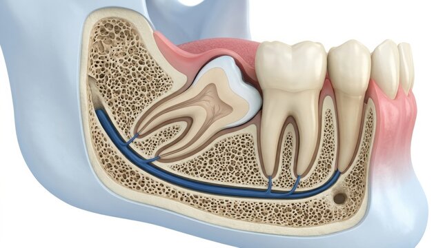 Detailed Diagram Showing the Internal Structure of a Human Tooth With Roots, Nerves, and Surrounding Bone