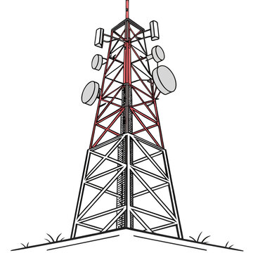 A tall red and black cell tower with several satellite dishes on top standing on a small hill with grass