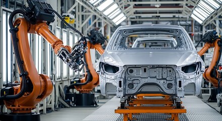Fototapeta premium Robotic arms assemble a car chassis on a production line in a modern factory