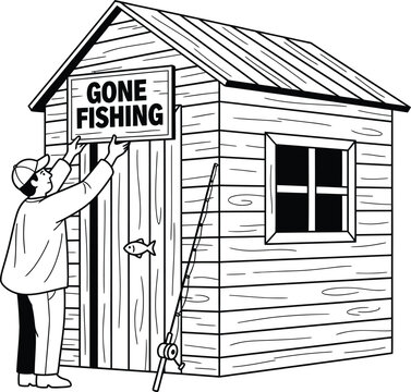 Man Hanging Gone Fishing Sign on Wooden Shack Illustration