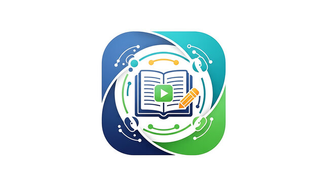 A colorful logo featuring an open book and pencil on a blue and green background