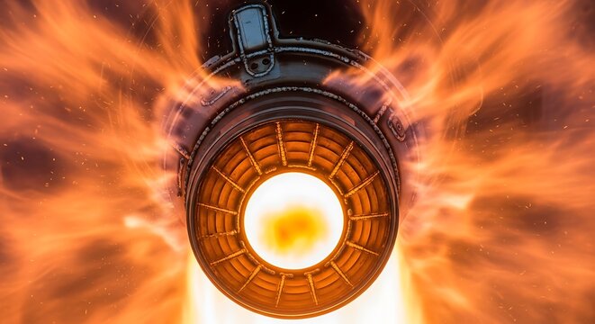 Close-up view of a powerful jet engine exhaust with bright flames and sparks