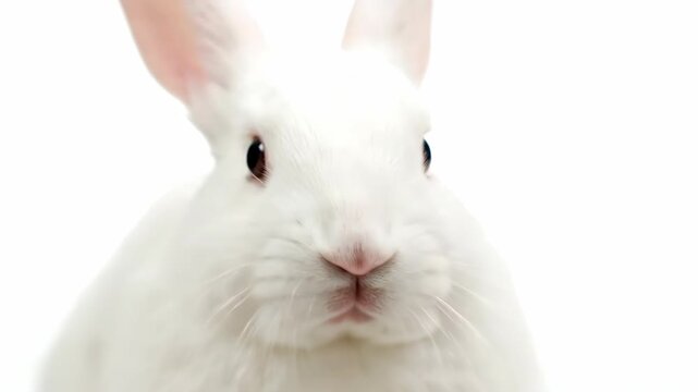 Close-up of a fluffy white rabbit with pink nose and ears