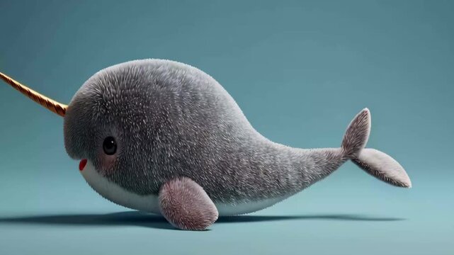 Cute narwhal swims in blue water with its long horn and round body during bright daylight