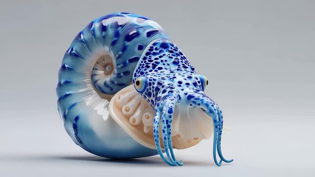 Artistic sculpture of a nautilus shell with a colorful cephalopod design in a studio setting