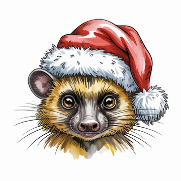Cute Lowland Streaked Tenrec wearing a Santa hat, perfect for holiday-themed designs and greeting cards, bringing festive cheer
