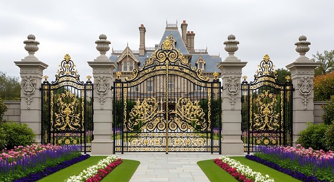 The grand ornate entrance gate of a historic palace adorned with intricate ironwork and vibrant floral arrangements