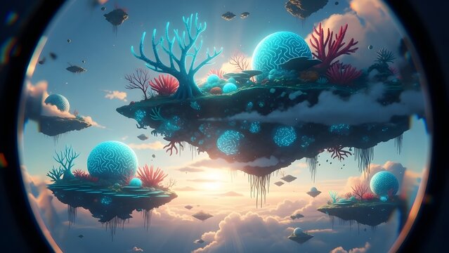 Ethereal Floating Islands with Glowing Coral Trees and Spheres at Sunset