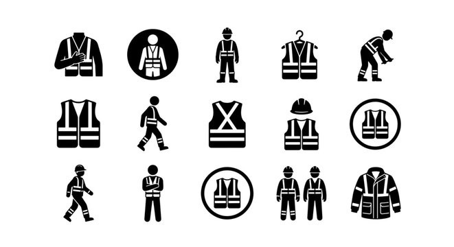 Safety vest icons set, industrial high visibility clothing vector elements, construction worker PPE symbols, reflective jacket and workwear collection