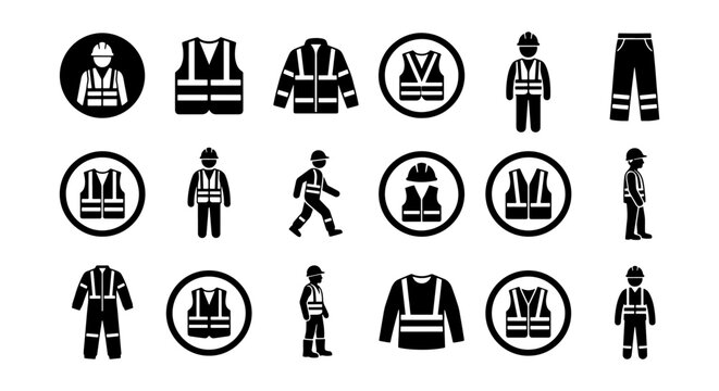 High visibility clothing icons set, industrial safety workwear vector elements, reflective vest and protective gear symbols for construction sites