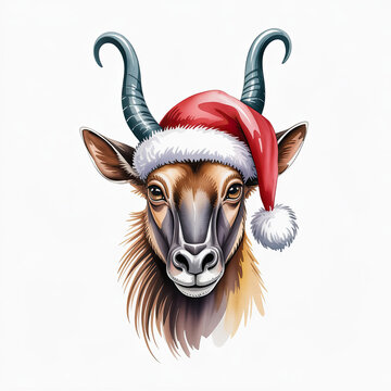 Festive Saola Wearing a Santa Hat A Whimsical Holiday Portrait of a Wild Animal with Christmas Spirit