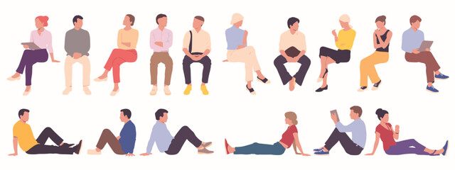 Diverse Group Of People Sitting And Lying Down In Flat Design Style On A White Background vector illustration © VaskorChandra
