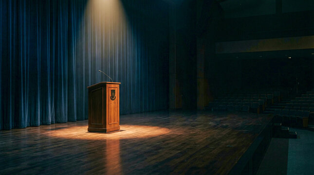 Wooden podium on empty stage with spotlight auditorium speech concept